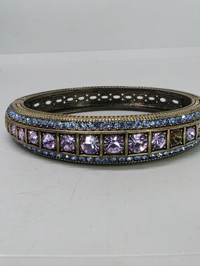 Signed Heidi Daus Faux Amethyst Round Lilac Crystal Bronze Bangle Bracelet Bling